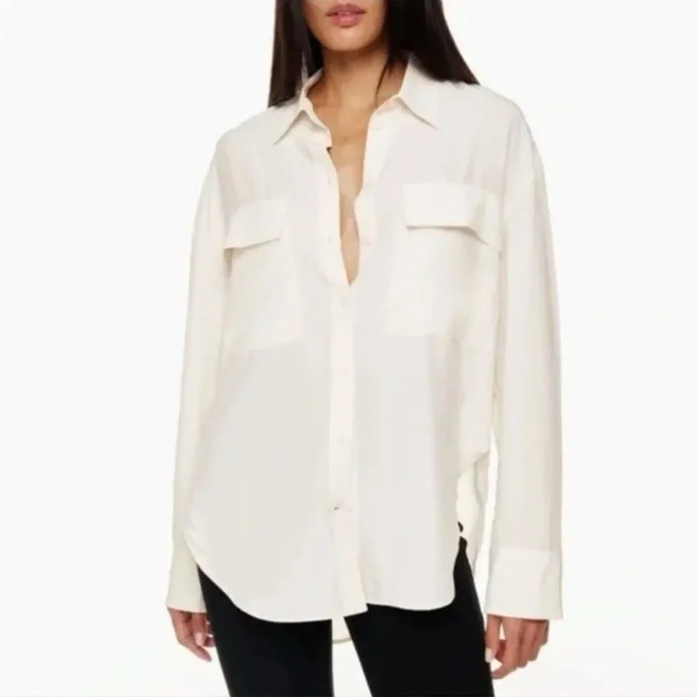 Aritzia Babaton Women's Silk Blend Button Down Shirt Size XS Long Sleeve Ivory - Picture 3 of 7